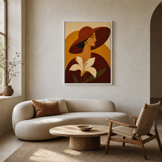 Woman in Sun Hat with White Lily Retro Art Print