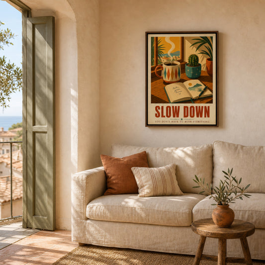 Slow Down – Retro Coffee & Journal Art Print