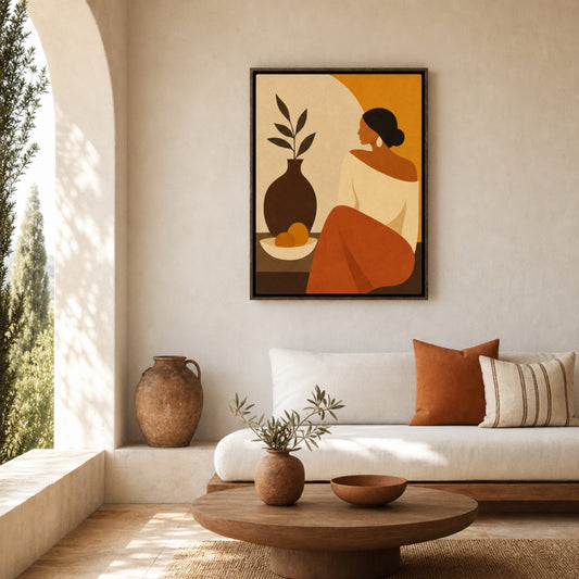 Boho Woman with Ceramic Vase Minimalist Portrait Art Print