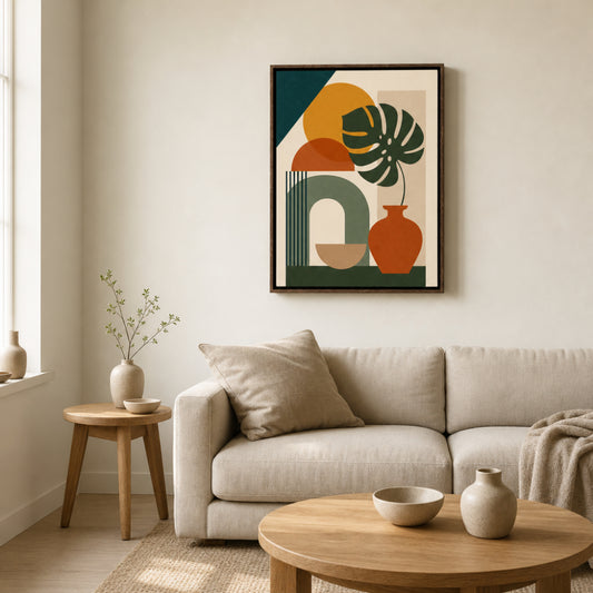 Mid-Century Monstera & Abstract Shapes Art Print
