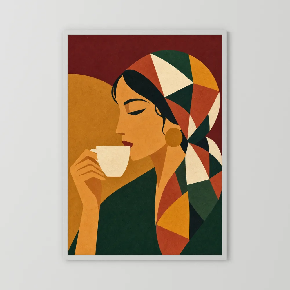 Woman Drinking Coffee with Geometric Headscarf Retro Art Print