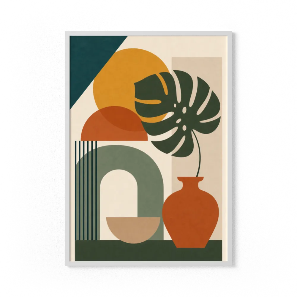 Mid-Century Monstera & Abstract Shapes Art Print