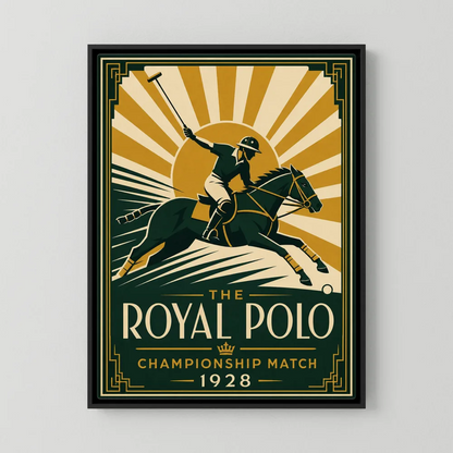 Vintage 1928 Art Deco polo match poster titled The Royal Polo with player on horseback in green and gold background by retvibes.com