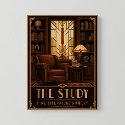 The Study: Fine Literature & Whisky – Vintage Art Deco Library Interior Print