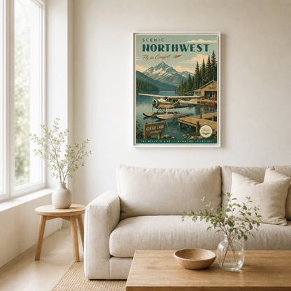 Scenic Northwest Clear Lake Washington Seaplane Vintage Travel Poster Art Print