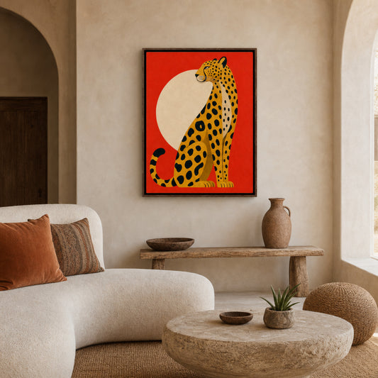 Mid-Century Modern Cheetah Red Sun Retro Art Print