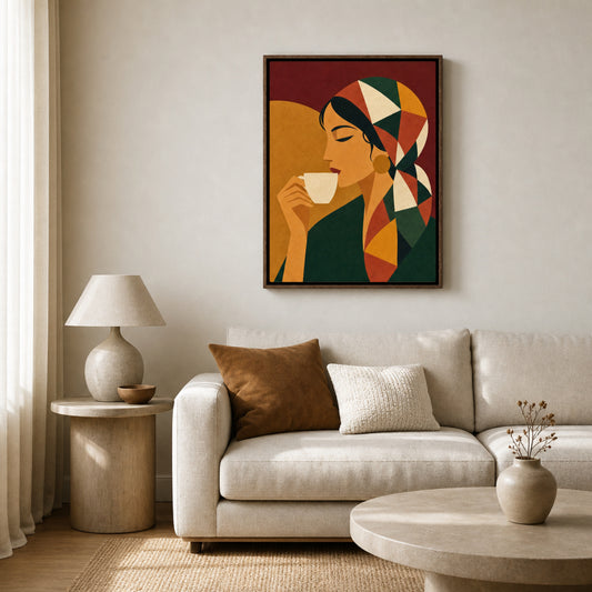 Woman Drinking Coffee with Geometric Headscarf Retro Art Print
