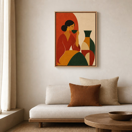 Woman Sipping Tea with Patterned Vase Boho Minimalist Art Print