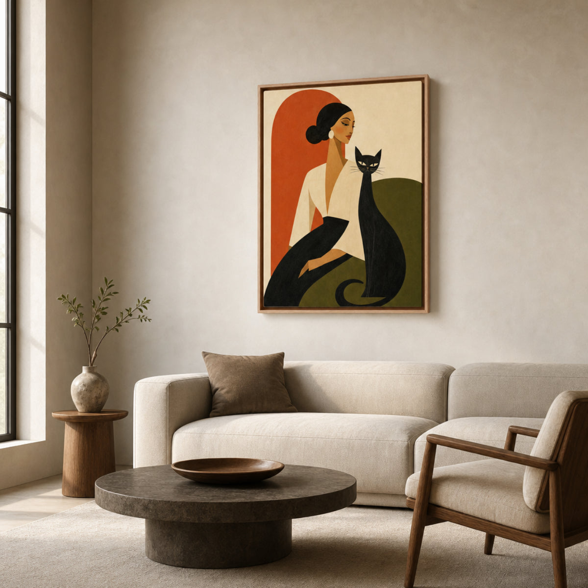 Woman with Sleek Black Cat Mid-Century Retro Art Print