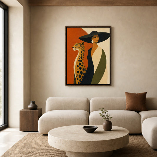 Glamorous Woman in Black Hat with Cheetah Mid-Century Art Print