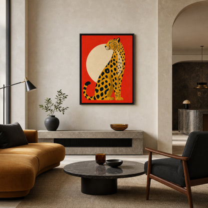 Mid-Century Modern Cheetah Red Sun Retro Art Print