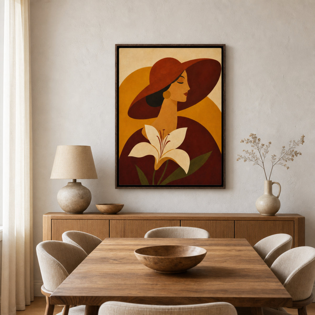 Woman in Sun Hat with White Lily Retro Art Print
