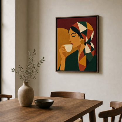 Woman Drinking Coffee with Geometric Headscarf Retro Art Print