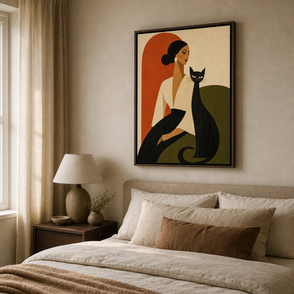 Woman with Sleek Black Cat Mid-Century Retro Art Print