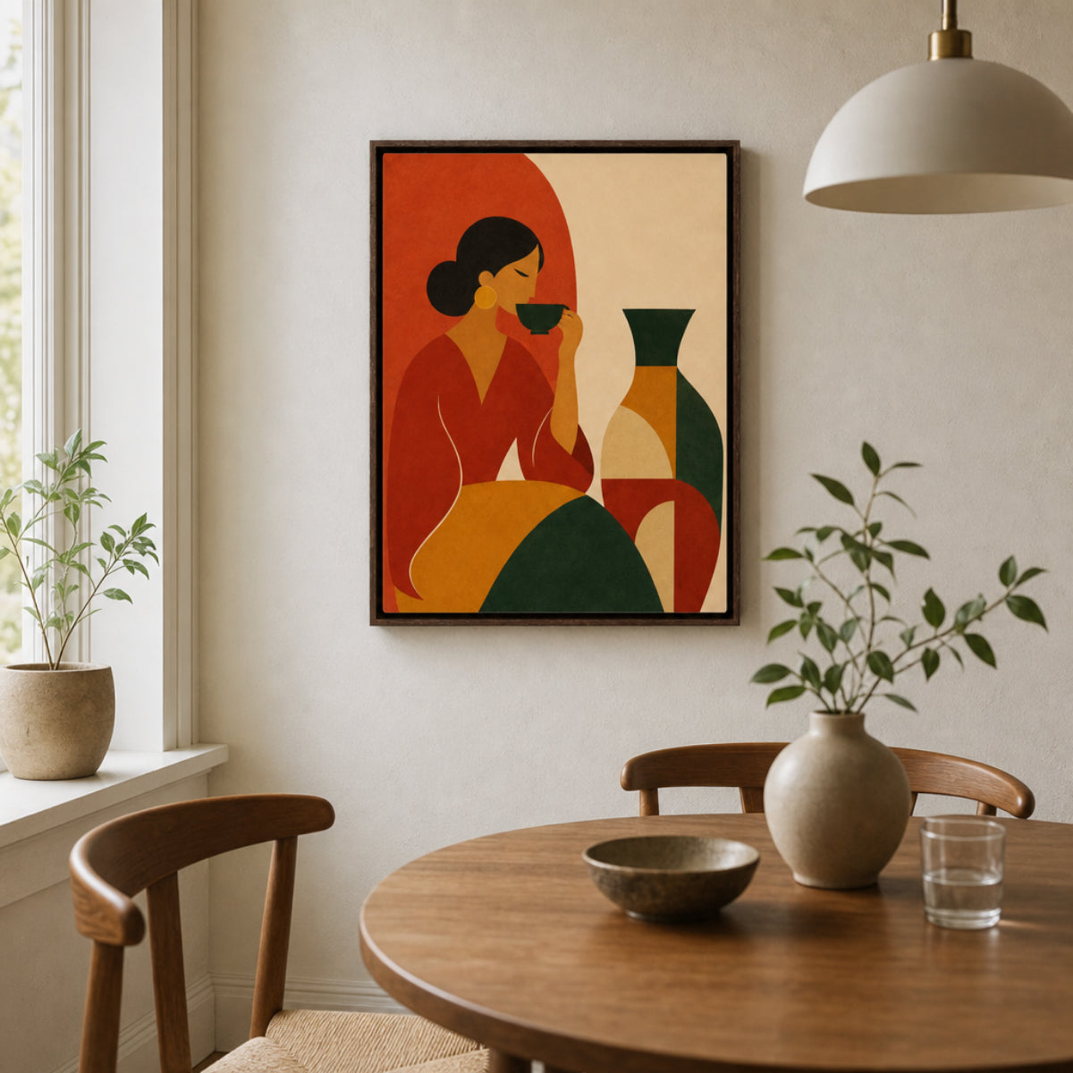 Woman Sipping Tea with Patterned Vase Boho Minimalist Art Print