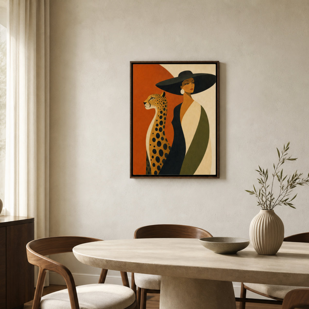 Glamorous Woman in Black Hat with Cheetah Mid-Century Art Print