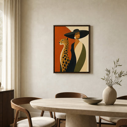 Glamorous Woman in Black Hat with Cheetah Mid-Century Art Print