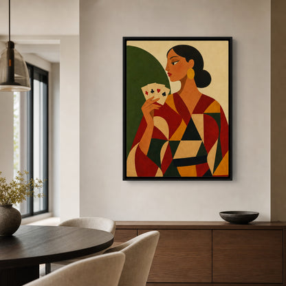 Woman Holding Playing Cards Mid-Century Art Deco Print