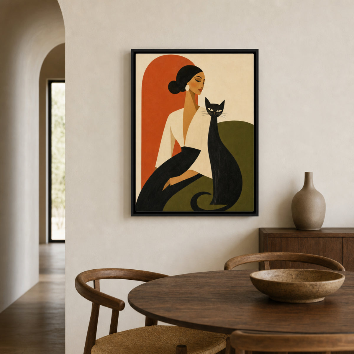 Woman with Sleek Black Cat Mid-Century Retro Art Print