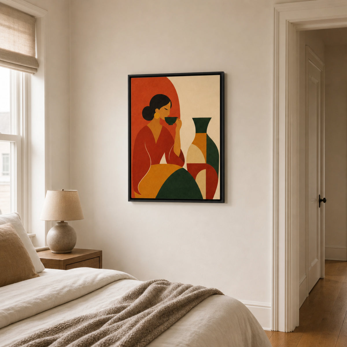 Woman Sipping Tea with Patterned Vase Boho Minimalist Art Print