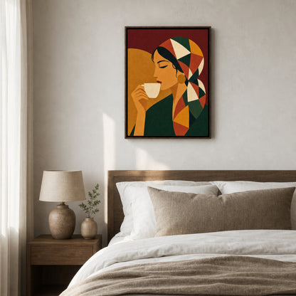 Woman Drinking Coffee with Geometric Headscarf Retro Art Print