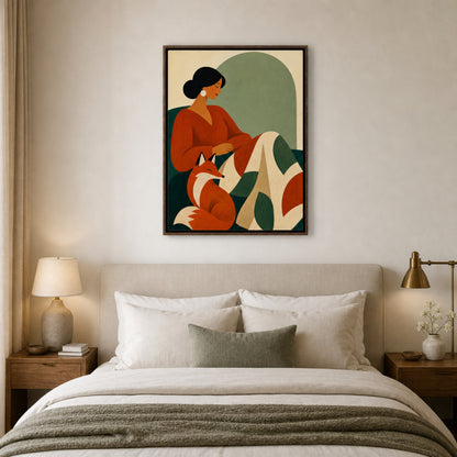 Woman Reading with Fox Mid-Century Retro Art Print