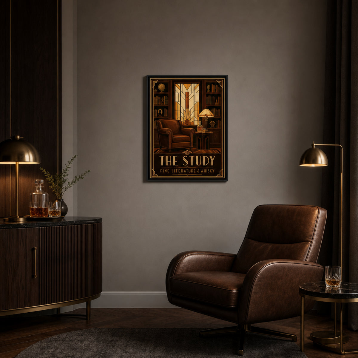 The Study: Fine Literature & Whisky – Vintage Art Deco Library Interior Print