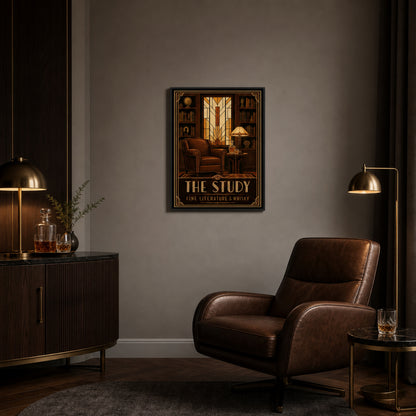 The Study: Fine Literature & Whisky – Vintage Art Deco Library Interior Print
