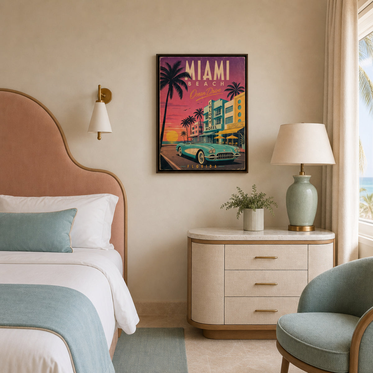 Miami Beach Ocean Drive Art Deco Vintage Travel Poster