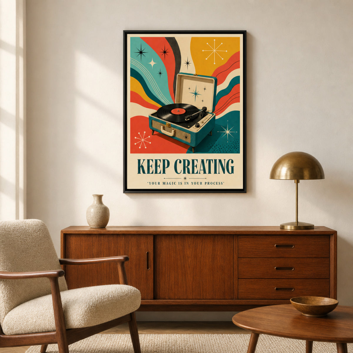 Keep Creating – Retro Vinyl Player Art Print