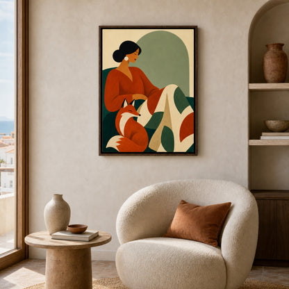 Woman Reading with Fox Mid-Century Retro Art Print