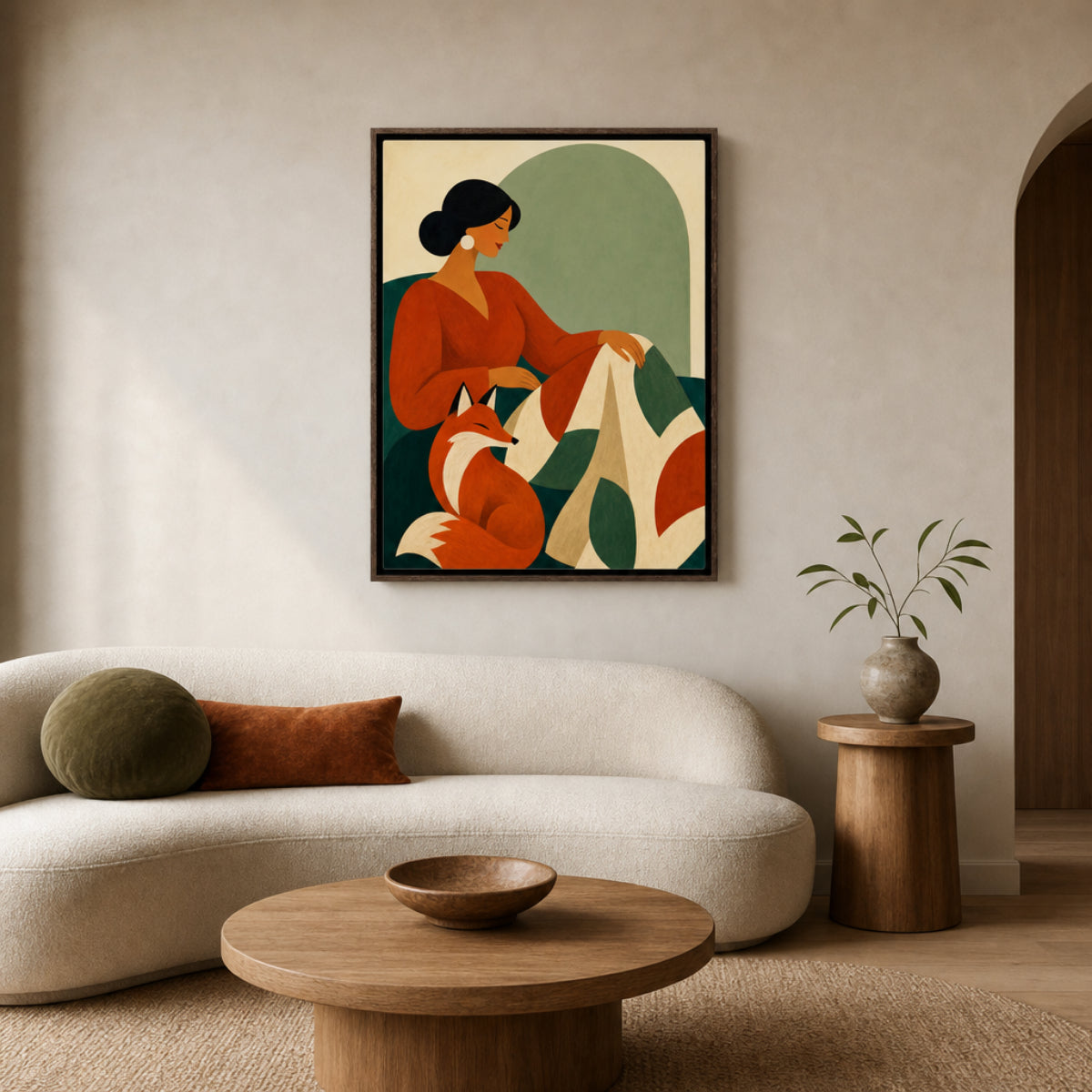 Woman Reading with Fox Mid-Century Retro Art Print