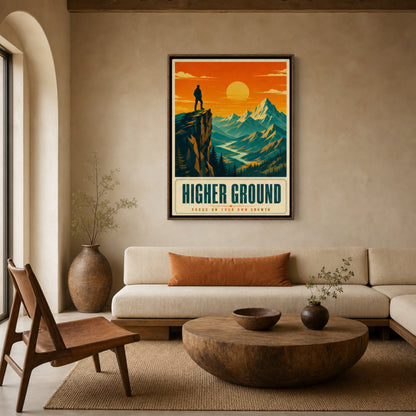 Higher Ground – Retro Mountain Landscape Art Print