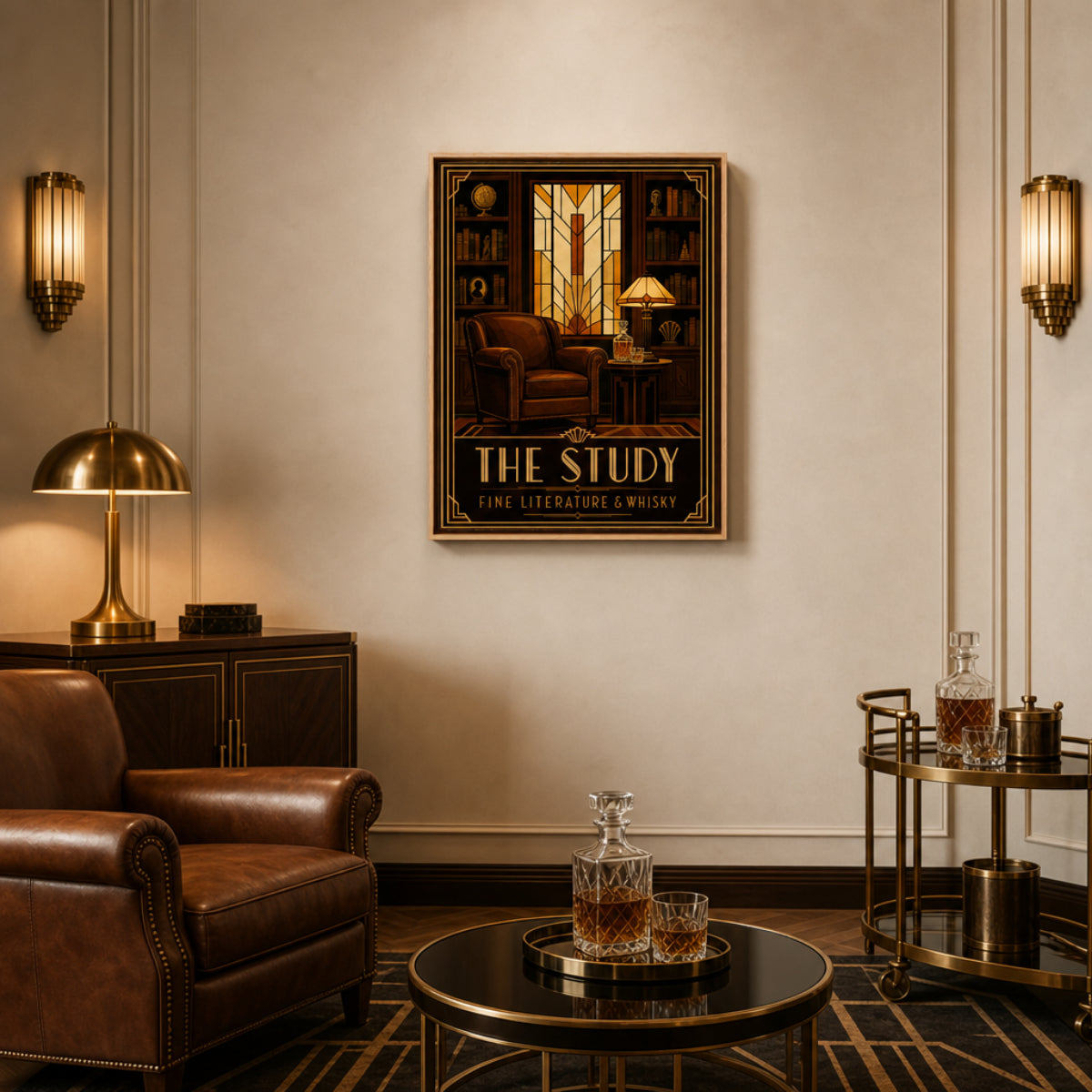 The Study: Fine Literature & Whisky – Vintage Art Deco Library Interior Print