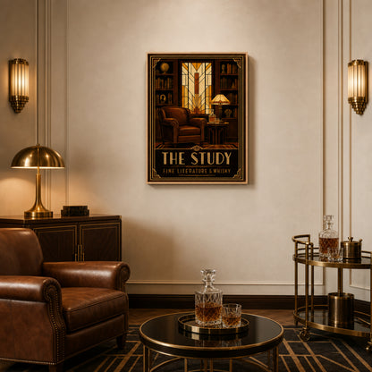 The Study: Fine Literature & Whisky – Vintage Art Deco Library Interior Print