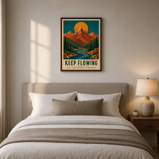 Keep Flowing – Retro Mountain & River Art Print