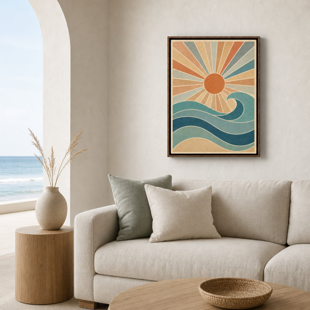 Retro Rising Sun & Ocean Wave Art Print