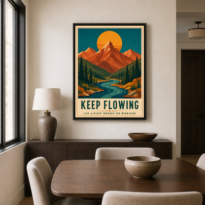 Keep Flowing – Retro Mountain & River Art Print