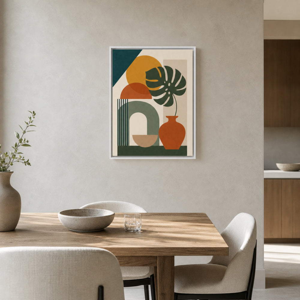 Mid-Century Monstera & Abstract Shapes Art Print