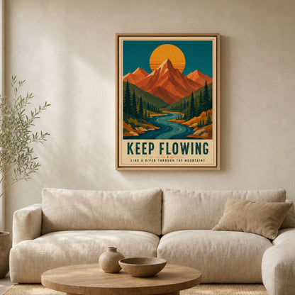 Keep Flowing – Retro Mountain & River Art Print