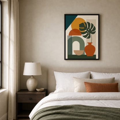 Mid-Century Monstera & Abstract Shapes Art Print