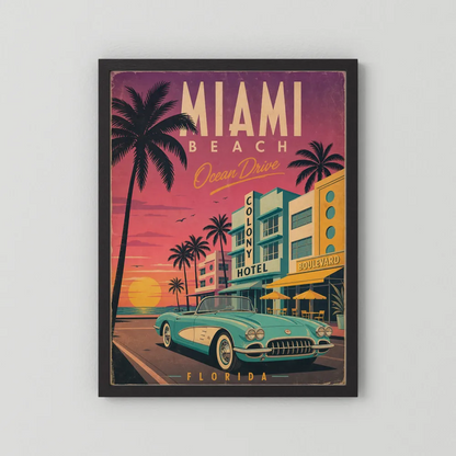 Miami Beach Ocean Drive Art Deco Vintage Travel Poster