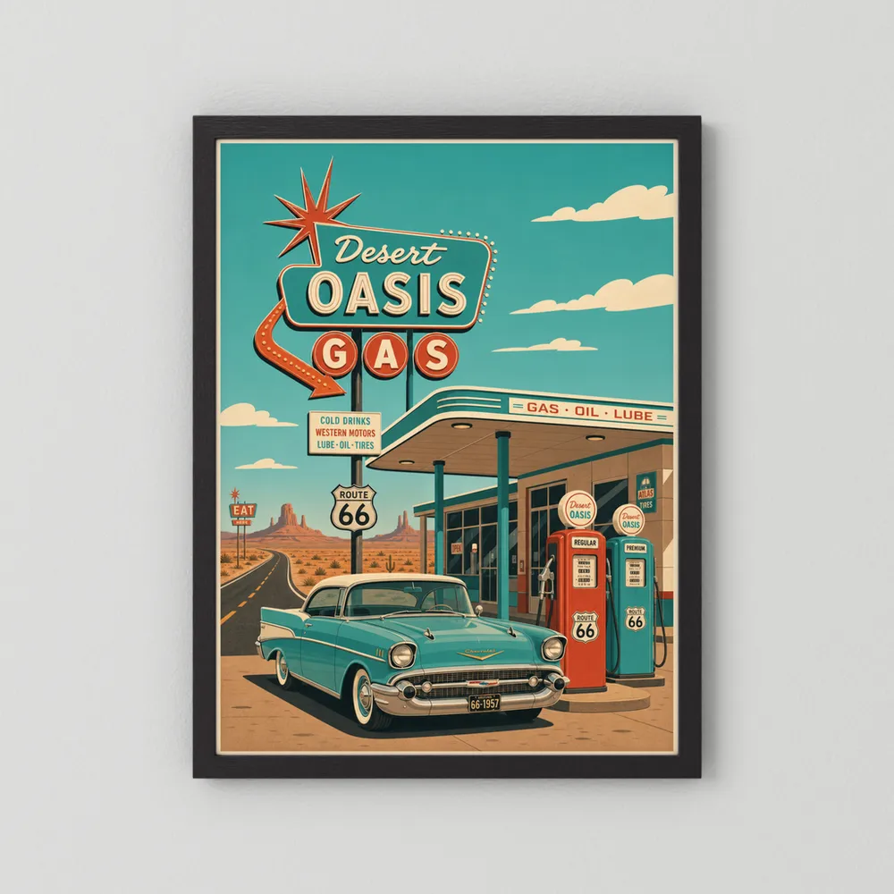 Desert Oasis Gas Station Route 66 Vintage Art Print