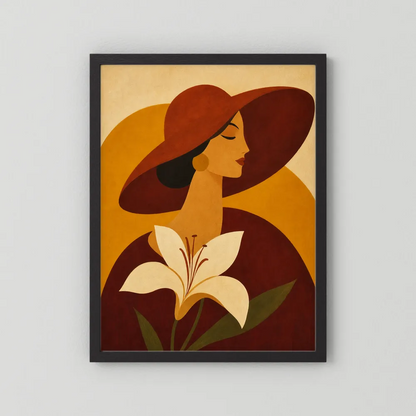 Woman in Sun Hat with White Lily Retro Art Print