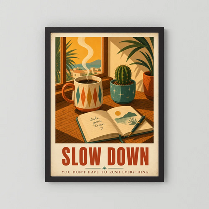 Slow Down – Retro Coffee & Journal Art Print