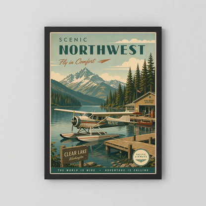 Scenic Northwest Clear Lake Washington Seaplane Vintage Travel Poster Art Print