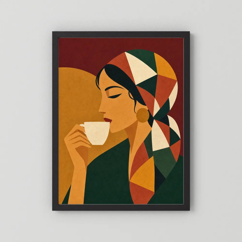 Woman Drinking Coffee with Geometric Headscarf Retro Art Print