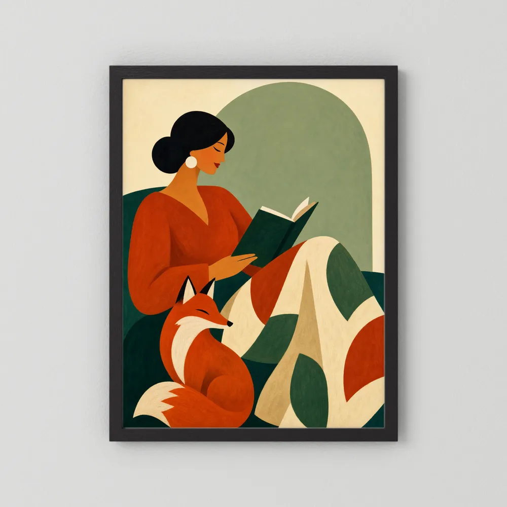 Woman Reading with Fox Mid-Century Retro Art Print