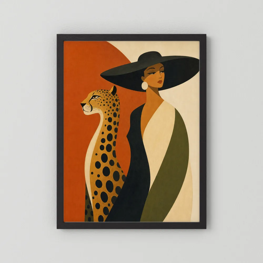 Glamorous Woman in Black Hat with Cheetah Mid-Century Art Print