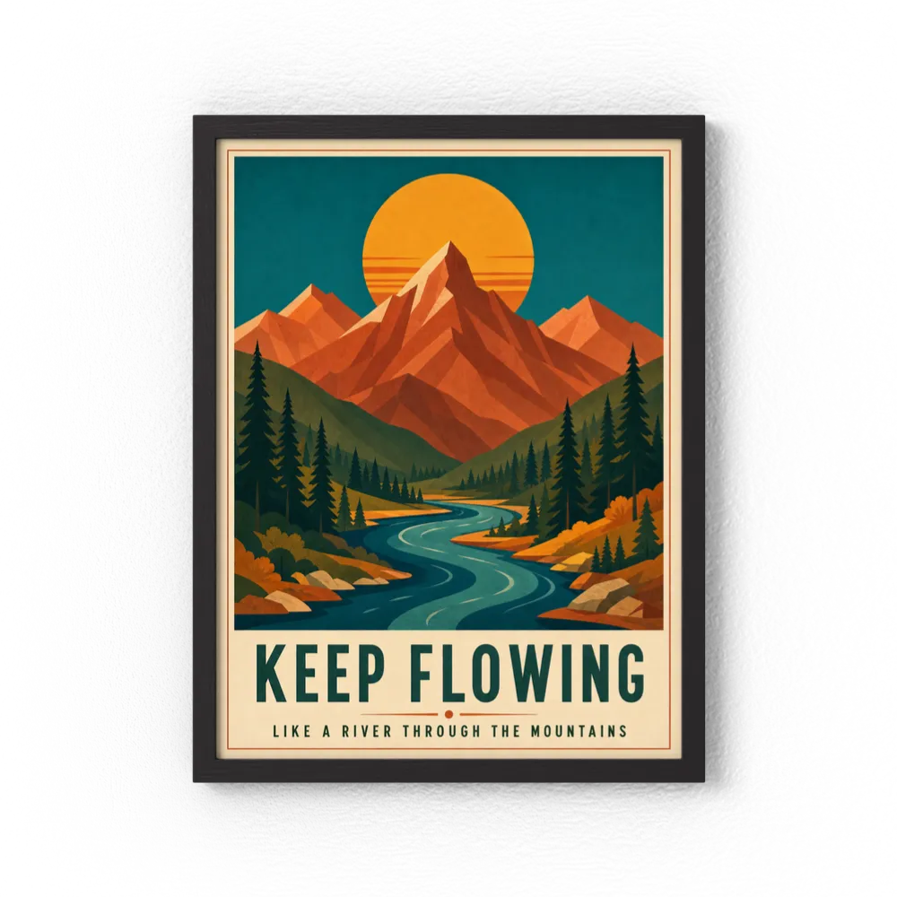 Keep Flowing – Retro Mountain & River Art Print